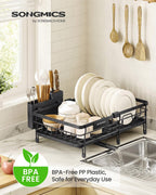 SONGMICS Dish Drainer Rack, Large Extendable Draining Board Rack for Small Spaces, 360° Rotating Extendable Spout, Kitchen Sink Drainer, Steel, 46.5 x 29.6 x 14 cm, Ink Black KCS556BH01