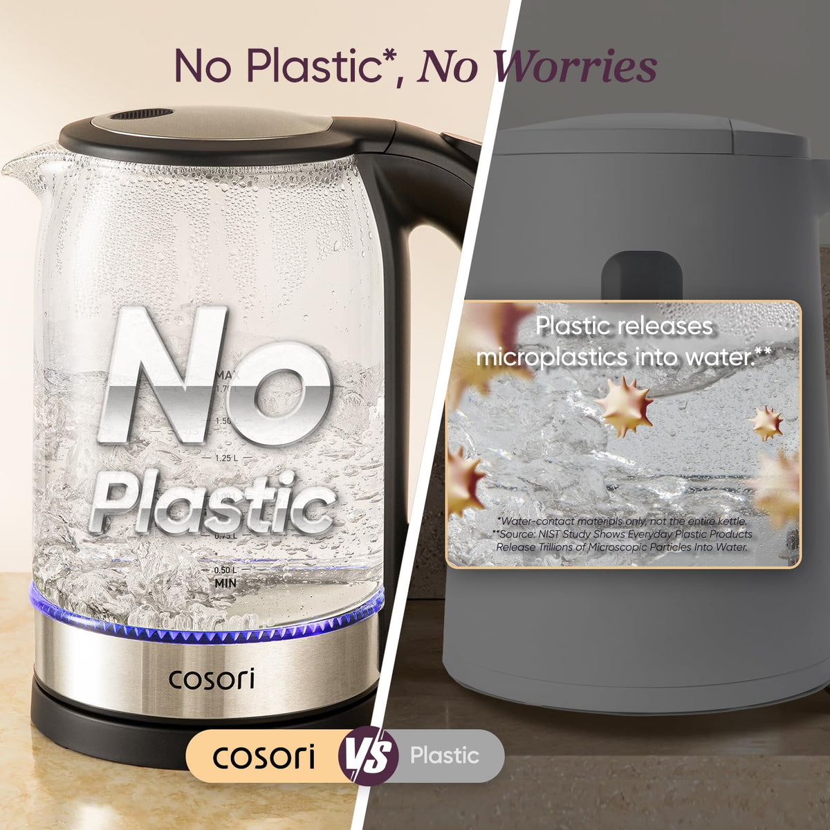 Cosori Electric Kettle, No Plastic Filter & Spout, 1.7L Tea Kettle & Hot Water Boiler For Coffee & Tea, Water Heater & Teapot, Automatic Shut Off, Borosilicate glass, Black, 1500W