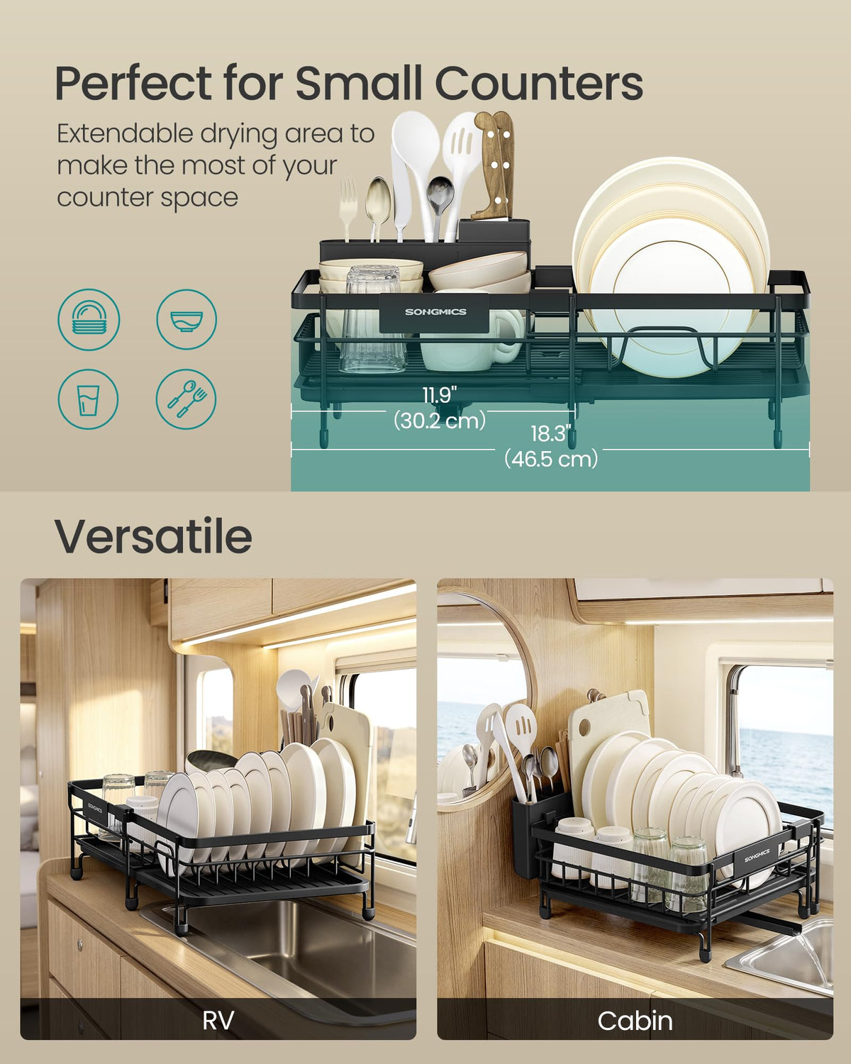 SONGMICS Dish Drainer Rack, Large Extendable Draining Board Rack for Small Spaces, 360° Rotating Extendable Spout, Kitchen Sink Drainer, Steel, 46.5 x 29.6 x 14 cm, Ink Black KCS556BH01