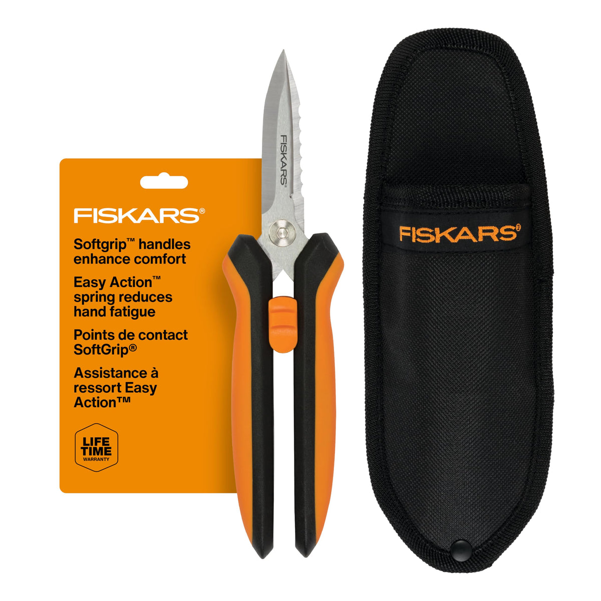 Fiskars Pruning Shears for Gardening, Multipurpose 8" Garden Shears with Sheath and SoftGrip Handle, Great for Cutting Nursery Pots, Bags, and Wire