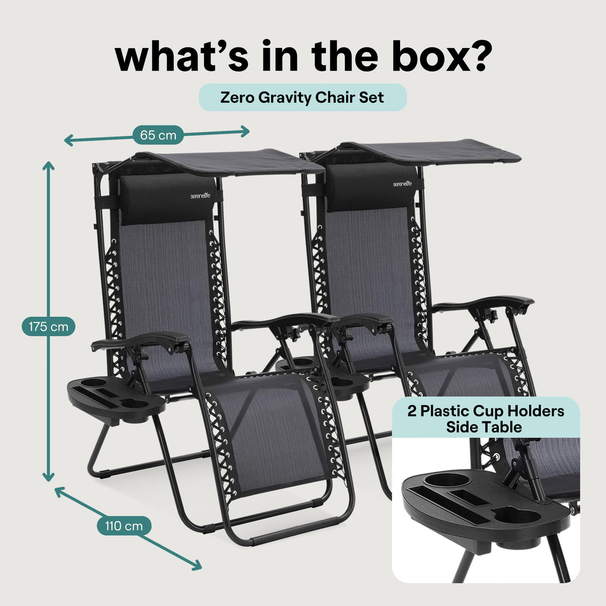 SereneLife Zero Gravity Reclining Chairs Set of 2 – Adjustable Folding Patio & Beach Lounge Chairs with Cup Holder Tray, Removable Padded Headrest, Weather-Resistant