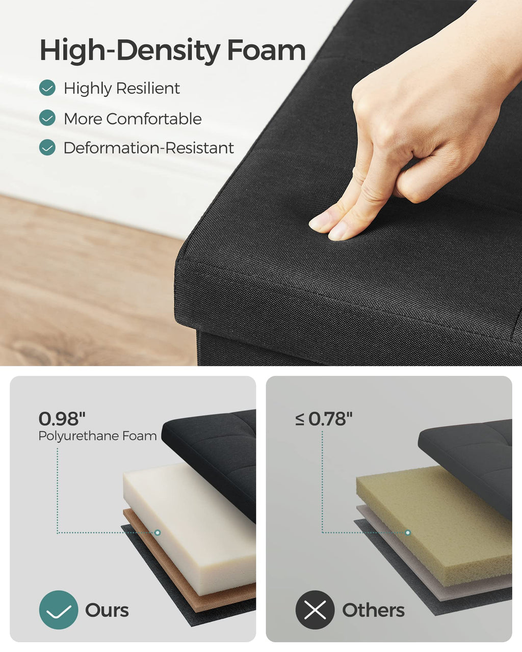 SONGMICS 110 cm Folding Storage Ottoman Bench, Padded Seat