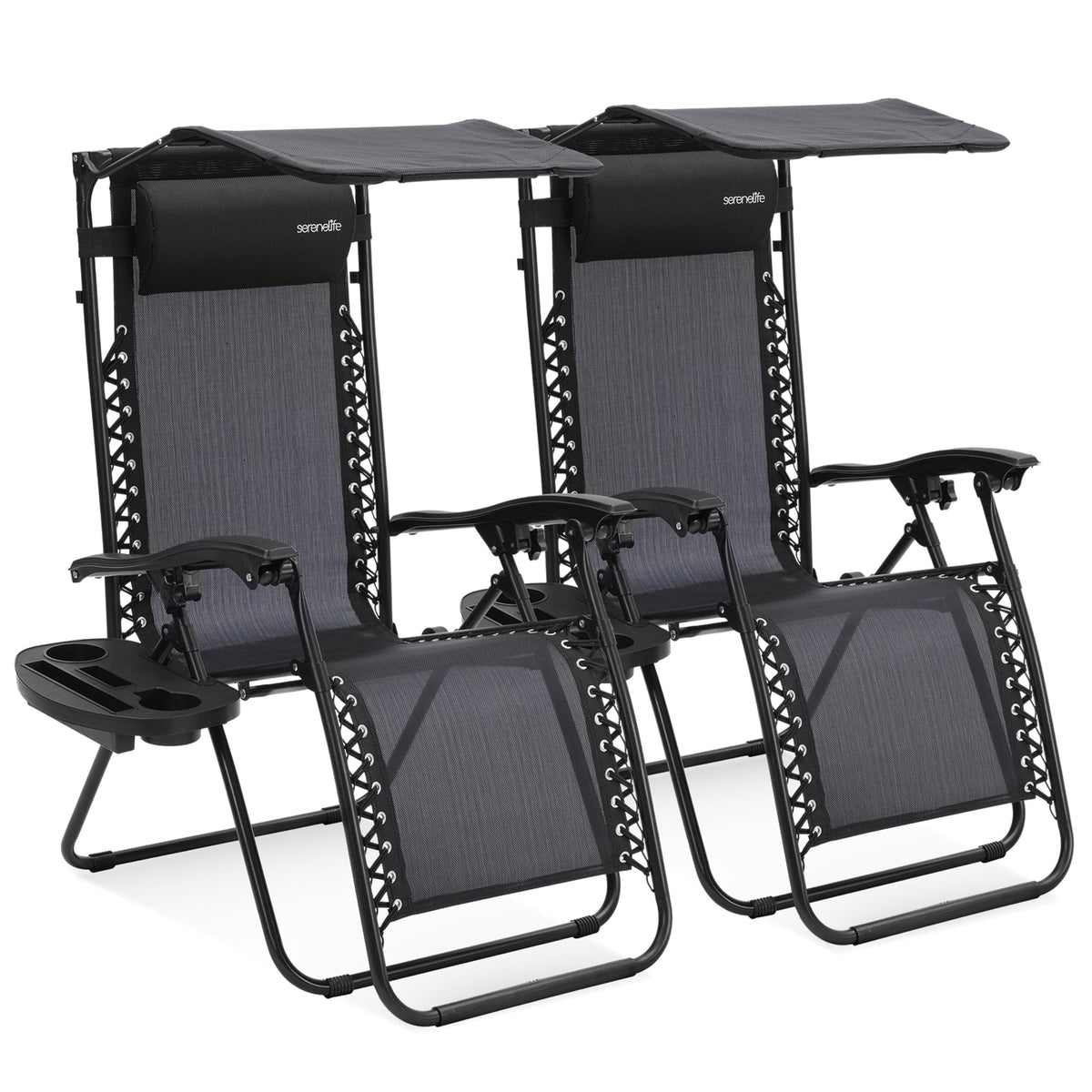 SereneLife Zero Gravity Reclining Chairs Set of 2 – Adjustable Folding Patio & Beach Lounge Chairs with Cup Holder Tray, Removable Padded Headrest, Weather-Resistant