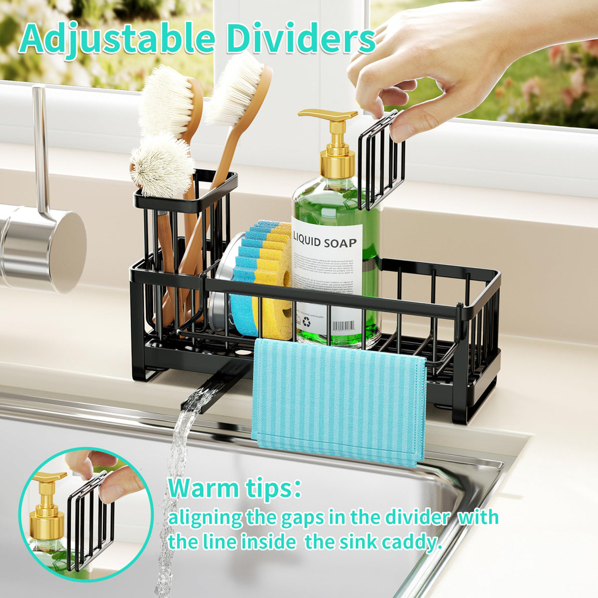HapiRm Sponge Holder for Kitchen Sink - Self-draining Sink Caddy Organizer with Brush and Dishcloth Holders, Stainless Steel Kitchen Sink Organizers and Storage for Countertop
