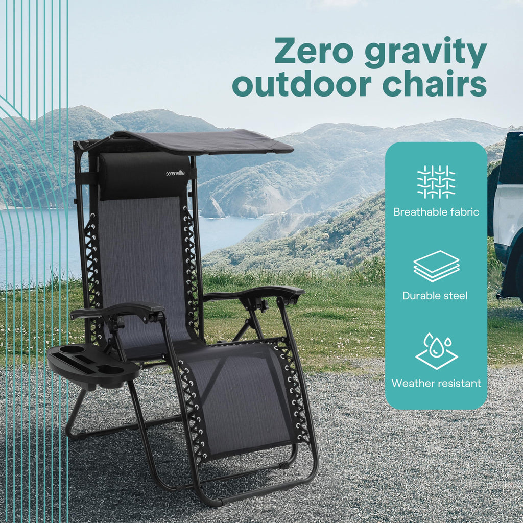 SereneLife Zero Gravity Reclining Chairs Set of 2 – Adjustable Folding Patio & Beach Lounge Chairs with Cup Holder Tray, Removable Padded Headrest, Weather-Resistant
