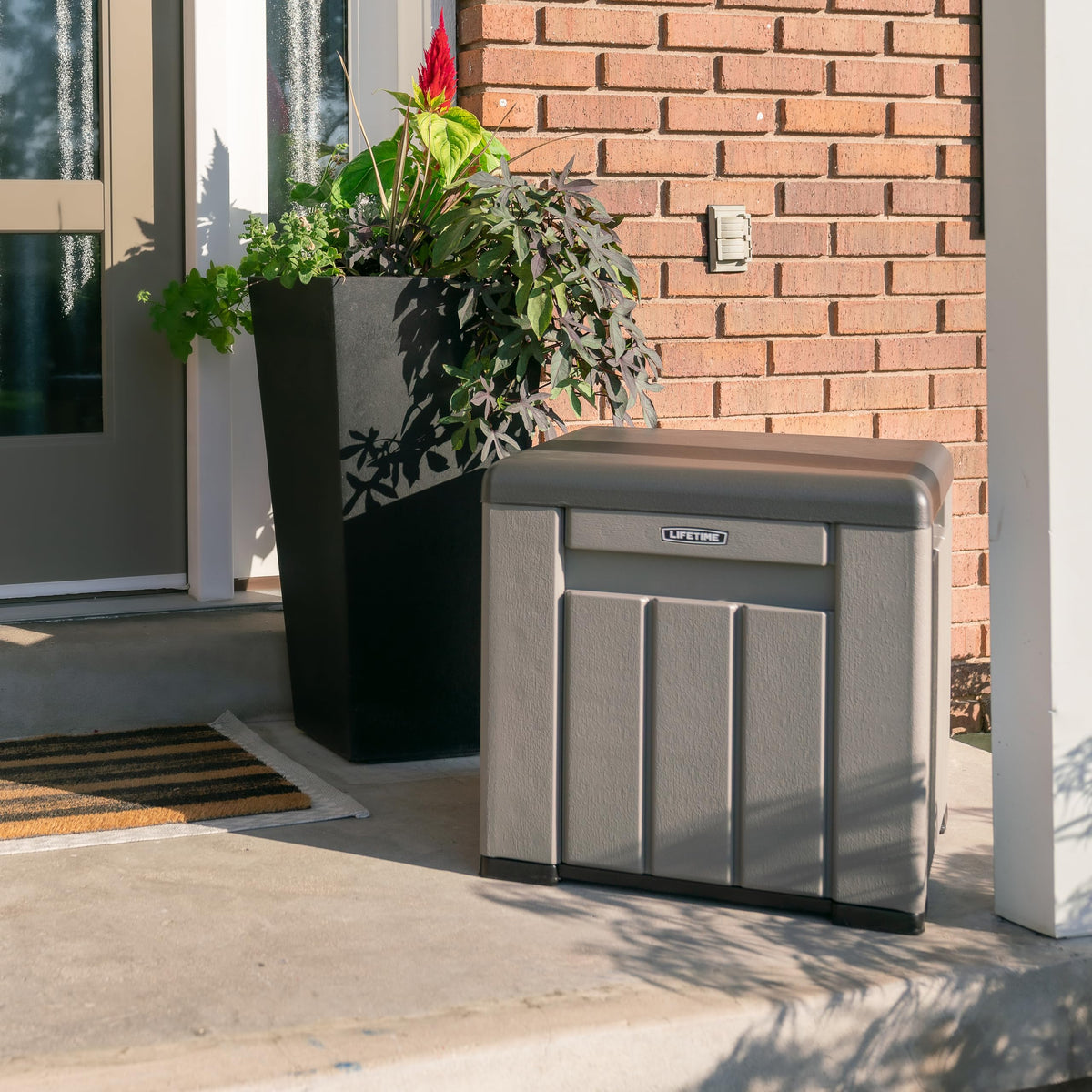 LIFETIME 25 Gallon Outdoor Storage Cube, Deckbox, Brown lid, Storage Box for Gardening Tools, Pool Supplies, Patio Furniture & More