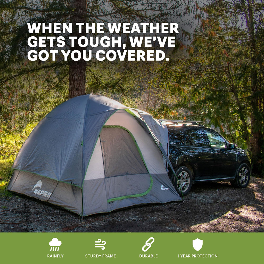 Napier Backroadz SUV Tent | 10' x 10' Vehicle Camping Tent | Fits All CUVs, SUVs, and Minivans | Sleeps 5 | Spacious, Durable, Easy Set-up | Gray/Green | Model 19100