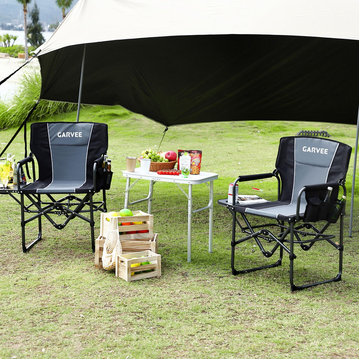 GarveeLife Oversized Camping Chair w/Side Table & Pocket,Outdoors, Black