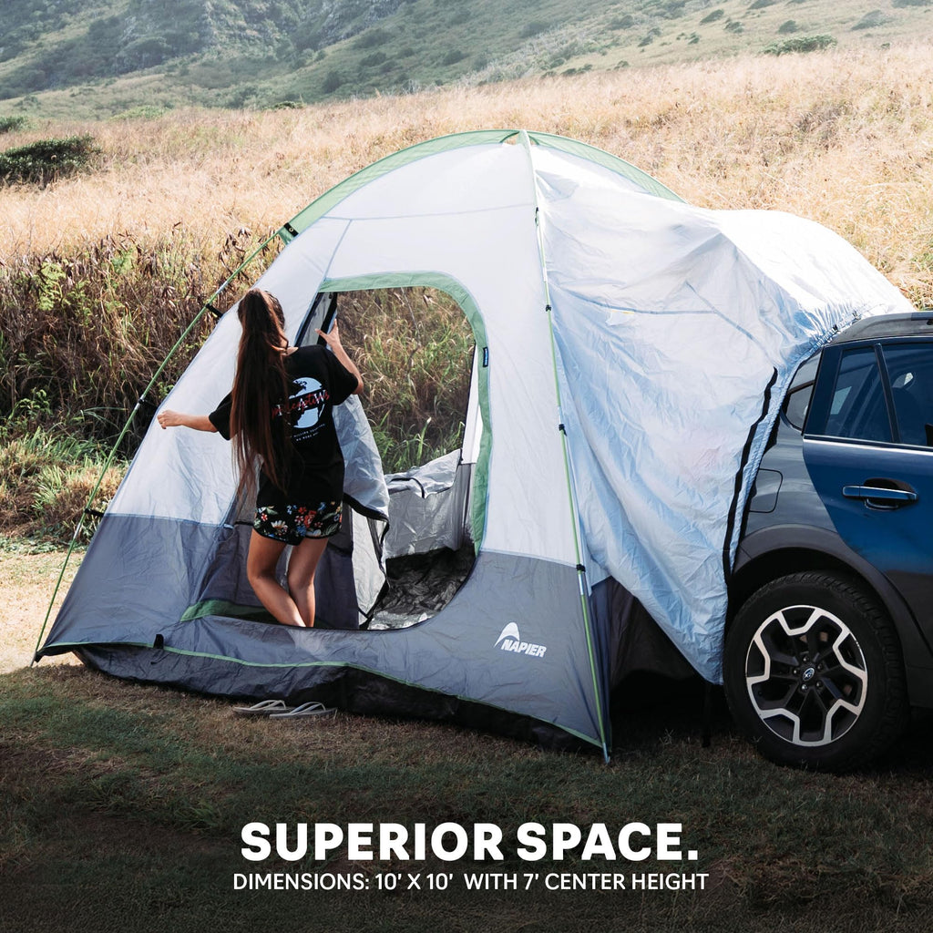 Napier Backroadz SUV Tent | 10' x 10' Vehicle Camping Tent | Fits All CUVs, SUVs, and Minivans | Sleeps 5 | Spacious, Durable, Easy Set-up | Gray/Green | Model 19100