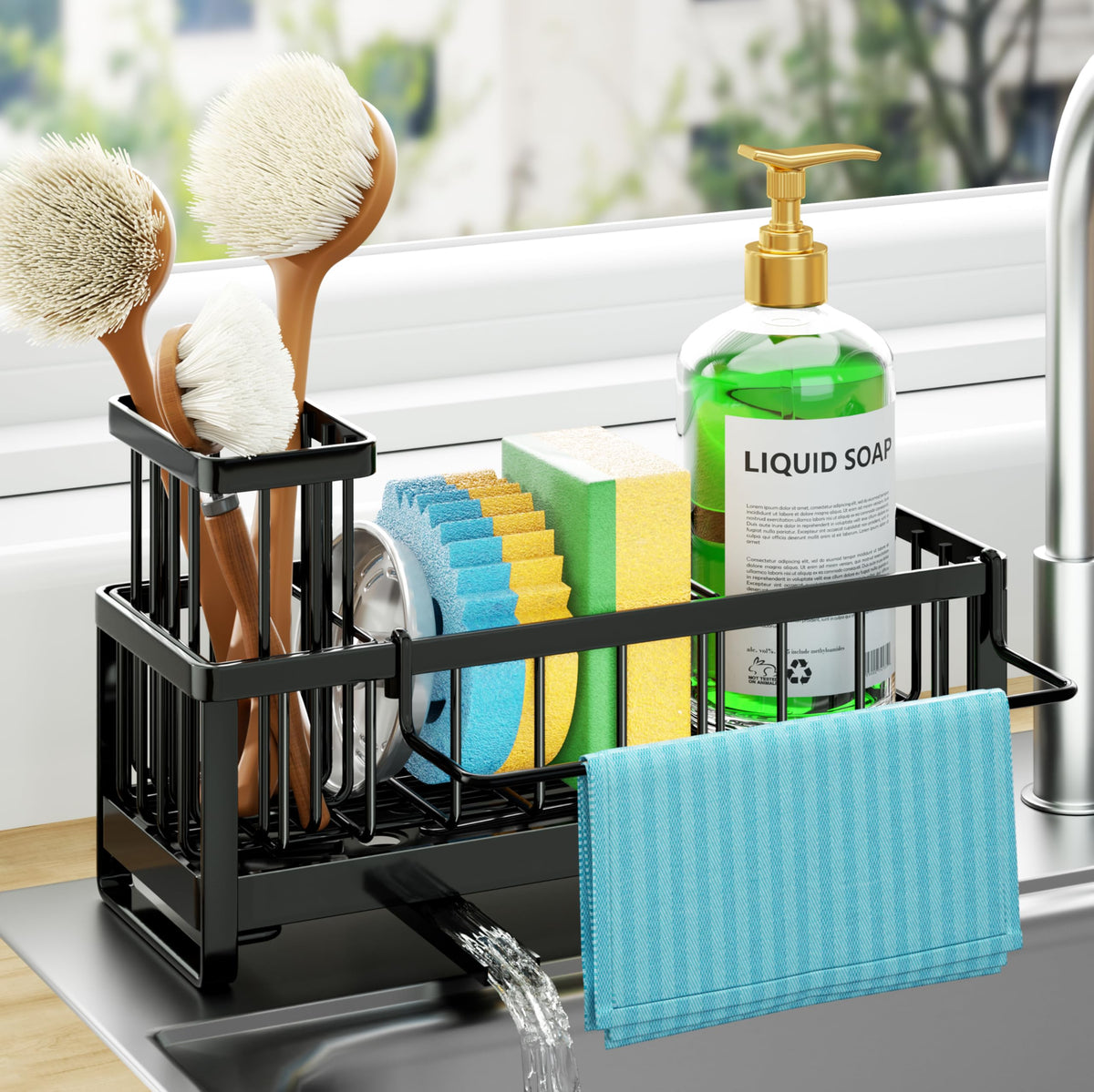 HapiRm Sponge Holder for Kitchen Sink - Self-draining Sink Caddy Organizer with Brush and Dishcloth Holders, Stainless Steel Kitchen Sink Organizers and Storage for Countertop