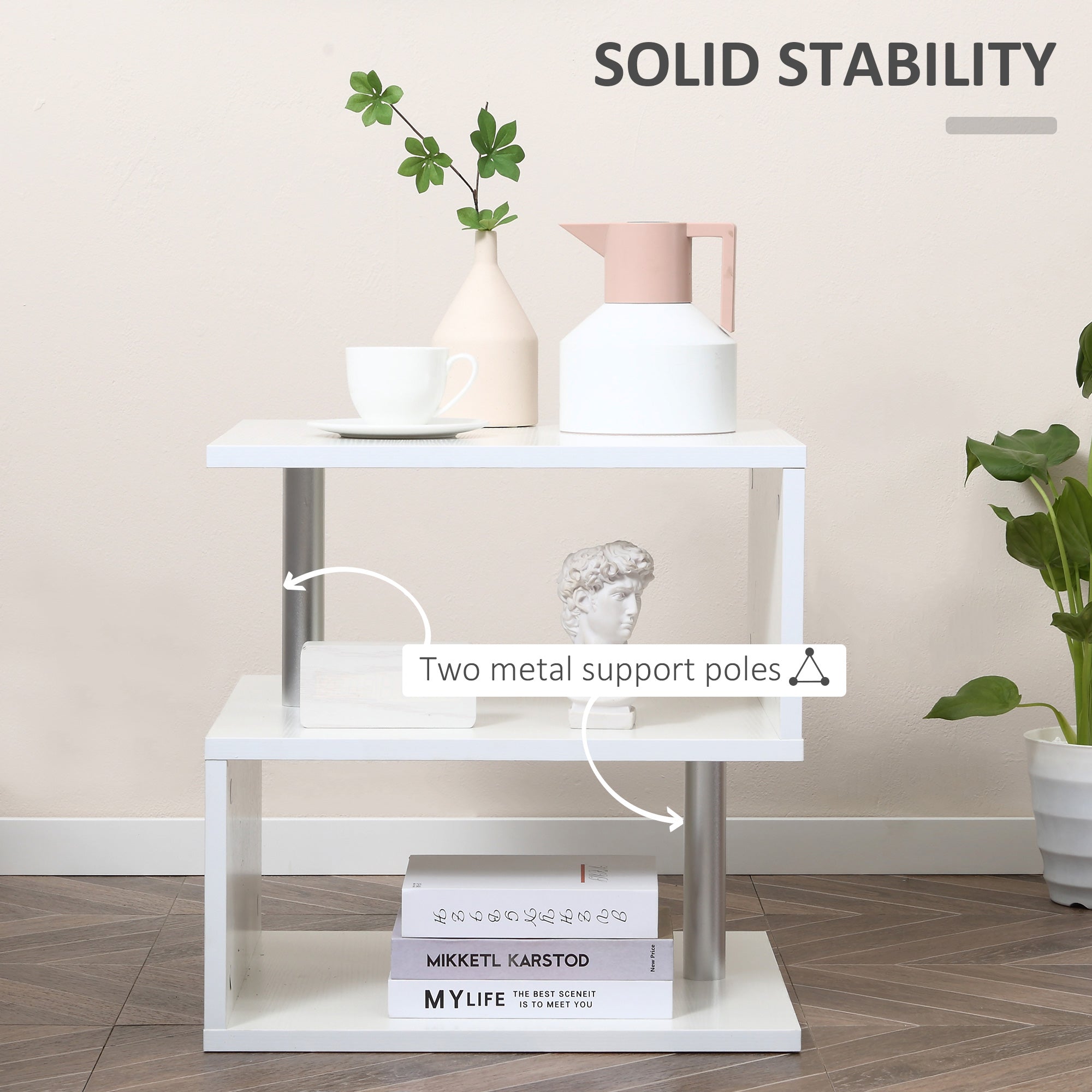 Mesa auxiliar de madera Caelan con forma de S y 3 estantes de almacenamiento, color blanco