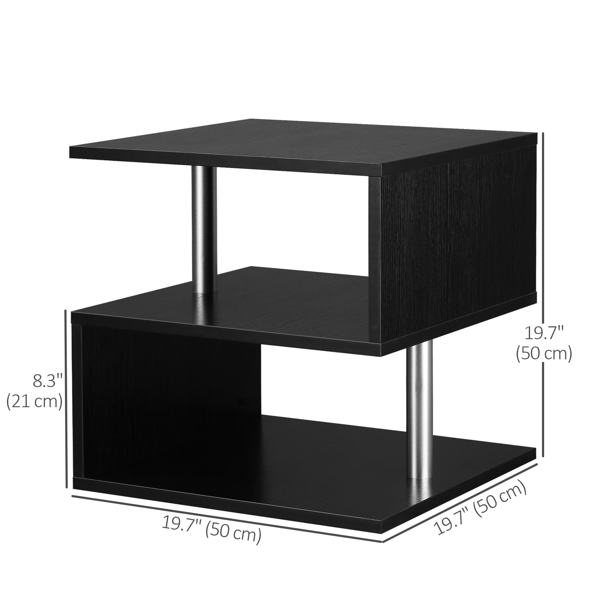 Caelan Wooden S Shape End Table with 3 Tier Storage Shelves-Black