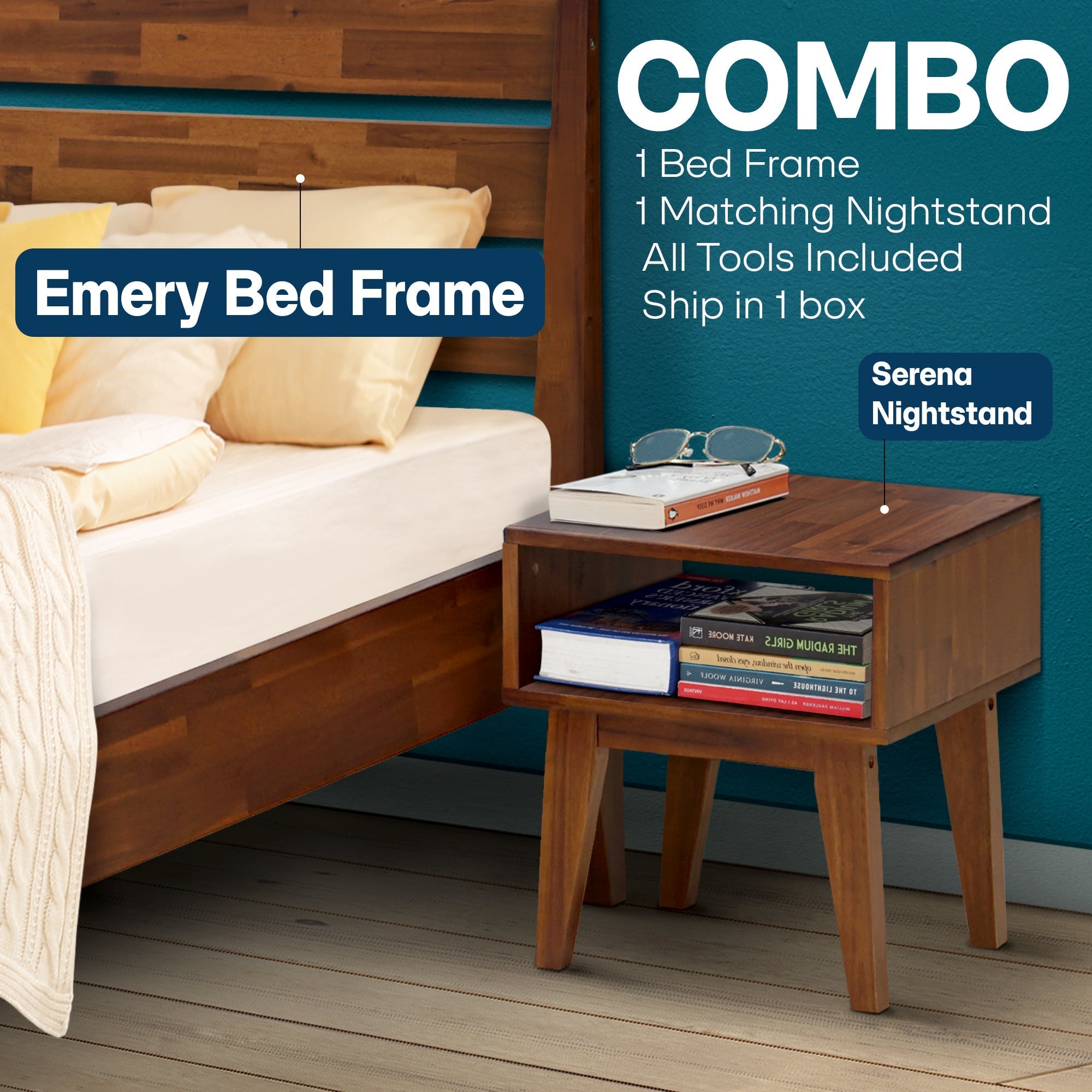 Emery Bed Frame & Nightstand Set - Acacia Solid Wood Bedroom Furniture