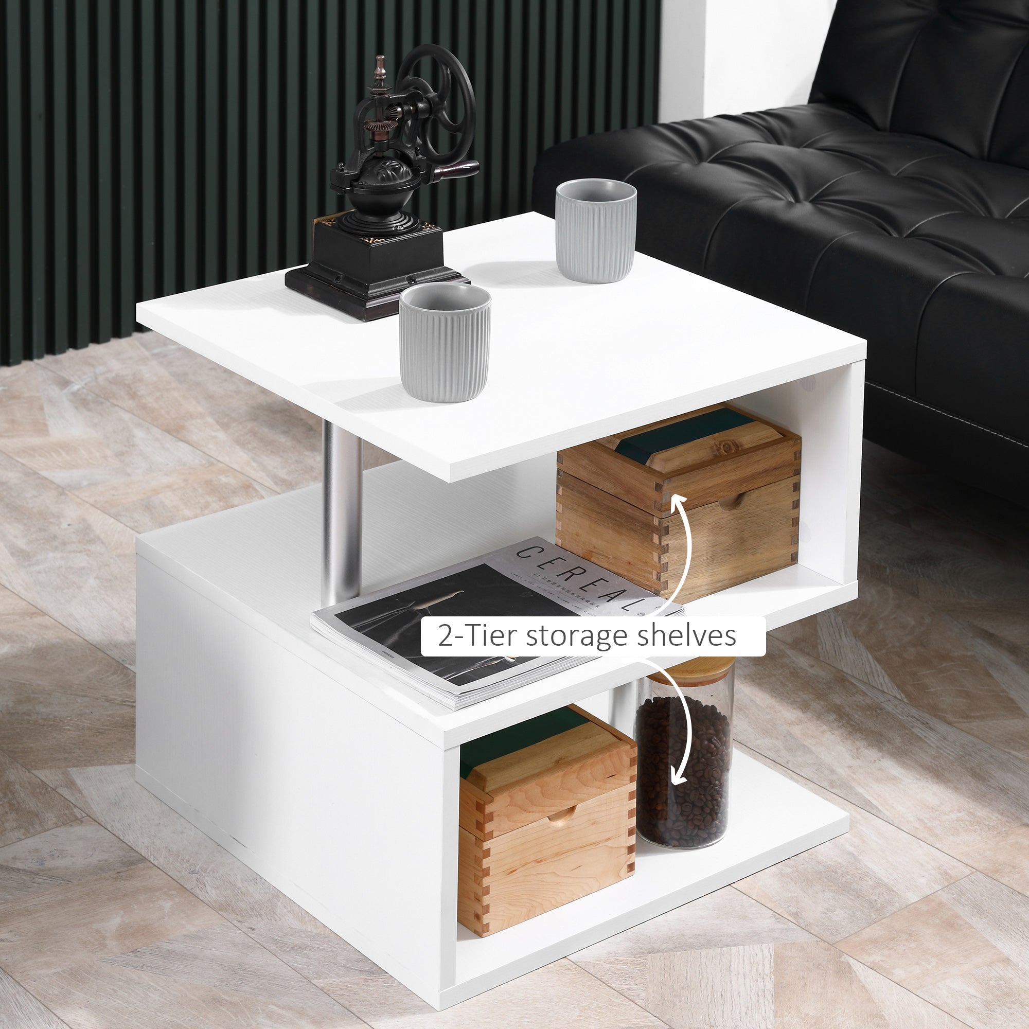 Mesa auxiliar de madera Caelan con forma de S y 3 estantes de almacenamiento, color blanco