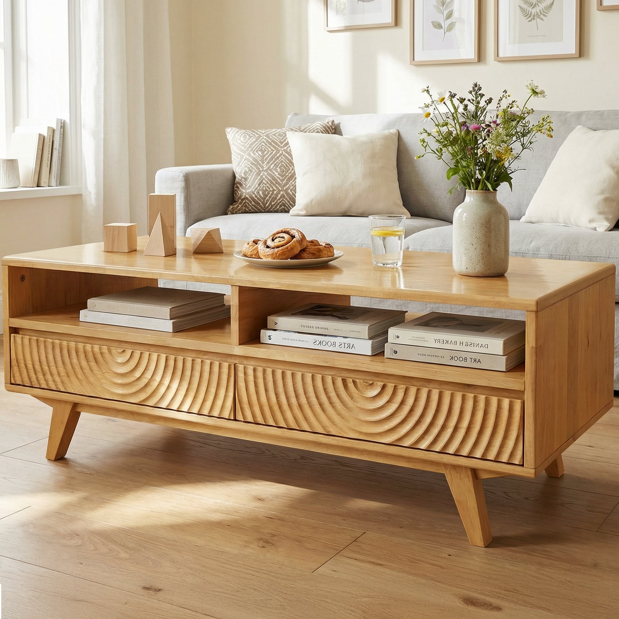 Acacia Harmony Wooden Coffee Table with Drawers & Open Storage