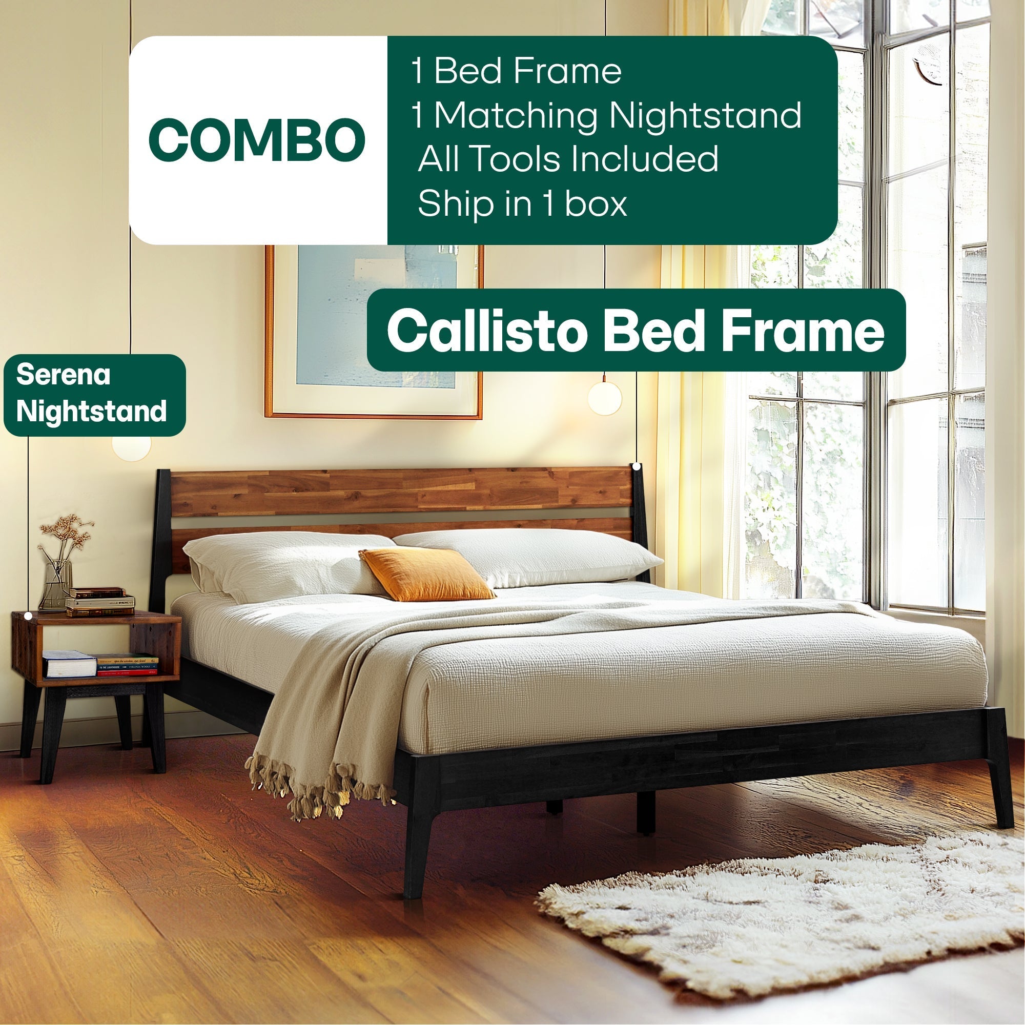 Acacia Callisto Solid Wood Bed Frame and Nightstand Set for a Stylish Bedroom