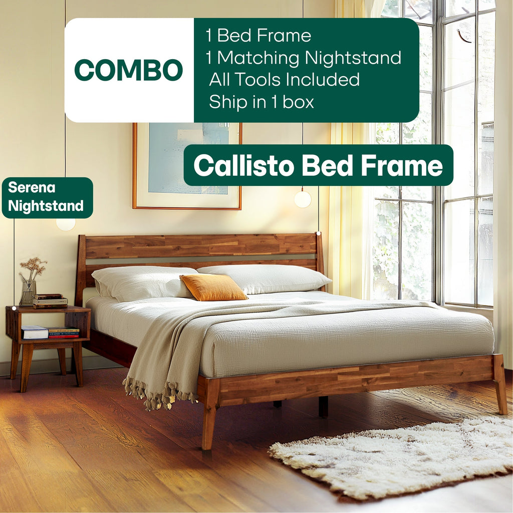 Acacia Callisto Solid Wood Bed Frame and Nightstand Set for a Stylish Bedroom