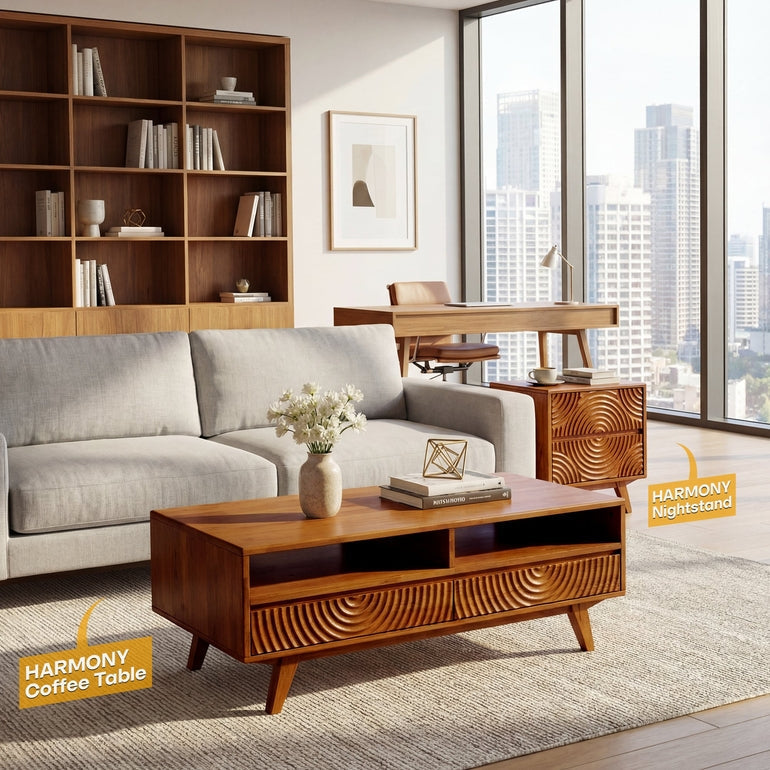 Acacia Harmony Wooden Coffee Table with Drawers & Open Storage