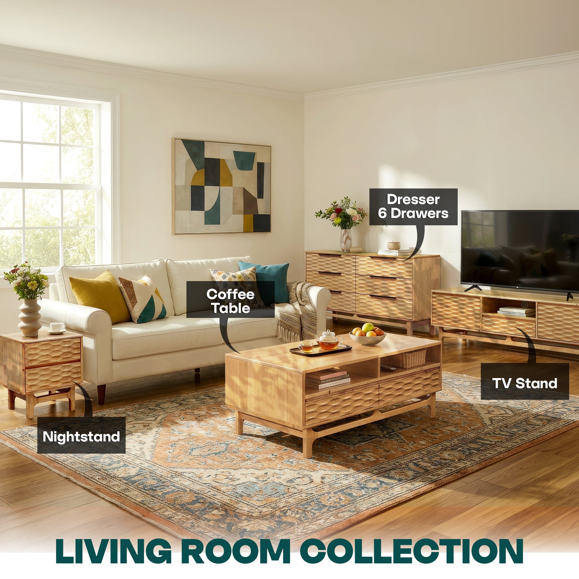 Acacia Elara 47.2” Rectangular Coffee Table with Drawers & Open Storage