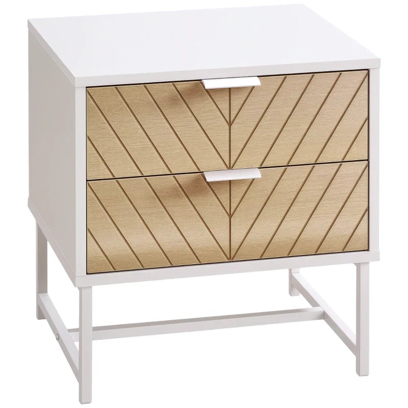 Mesita de Noche Moderna Emery con 2 Cajones y Patas de Acero - Blanco/Roble