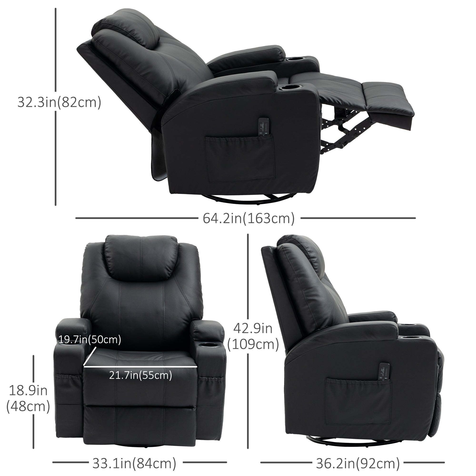 Brady Massage Recliner Chair with Swivel, Rocker Features and  8 Vibration Points-Black