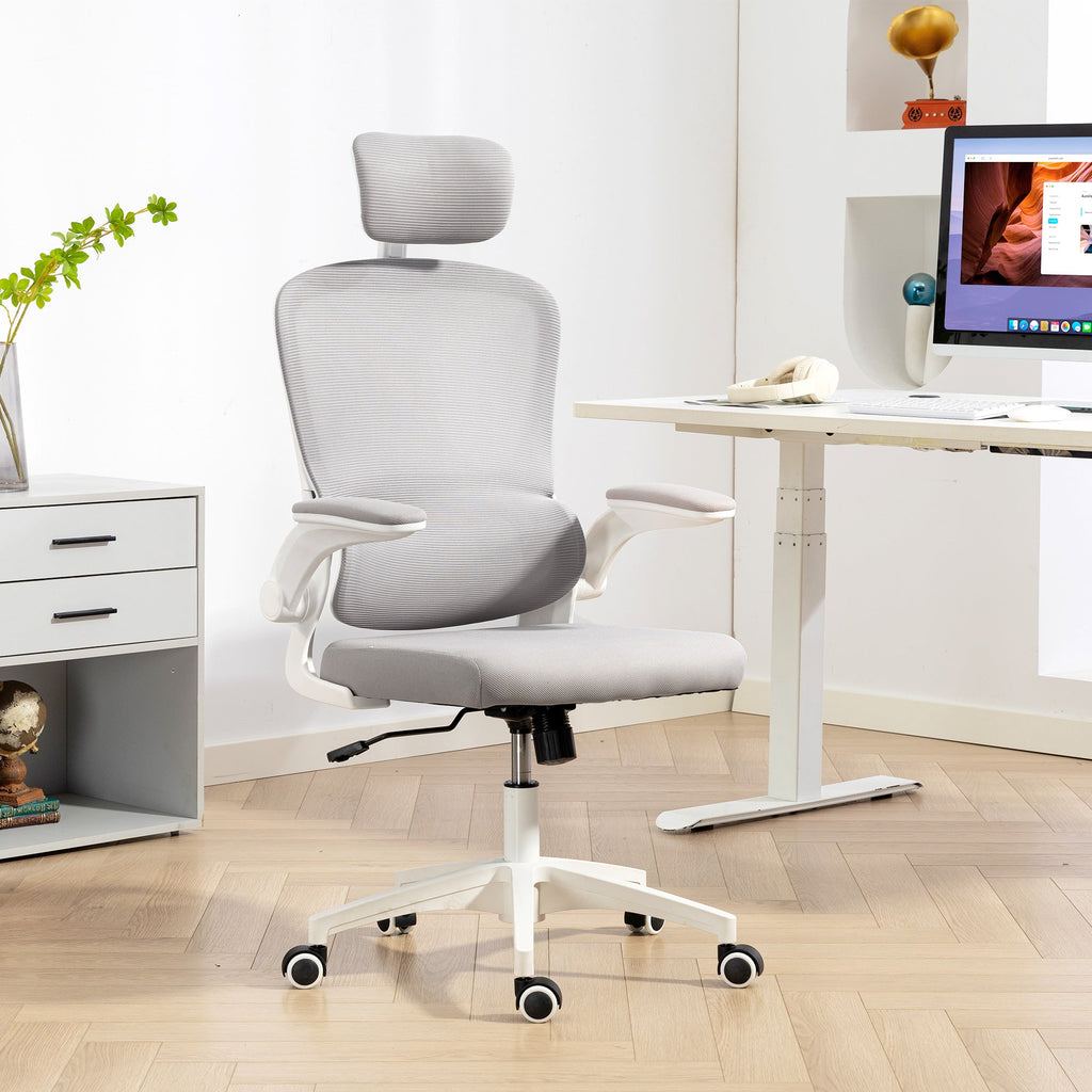 Owen Ergonomic Mesh Office Chair with High Back, Rotatable Headrest, Flip-Up Armrests and Lumbar Support-Grey