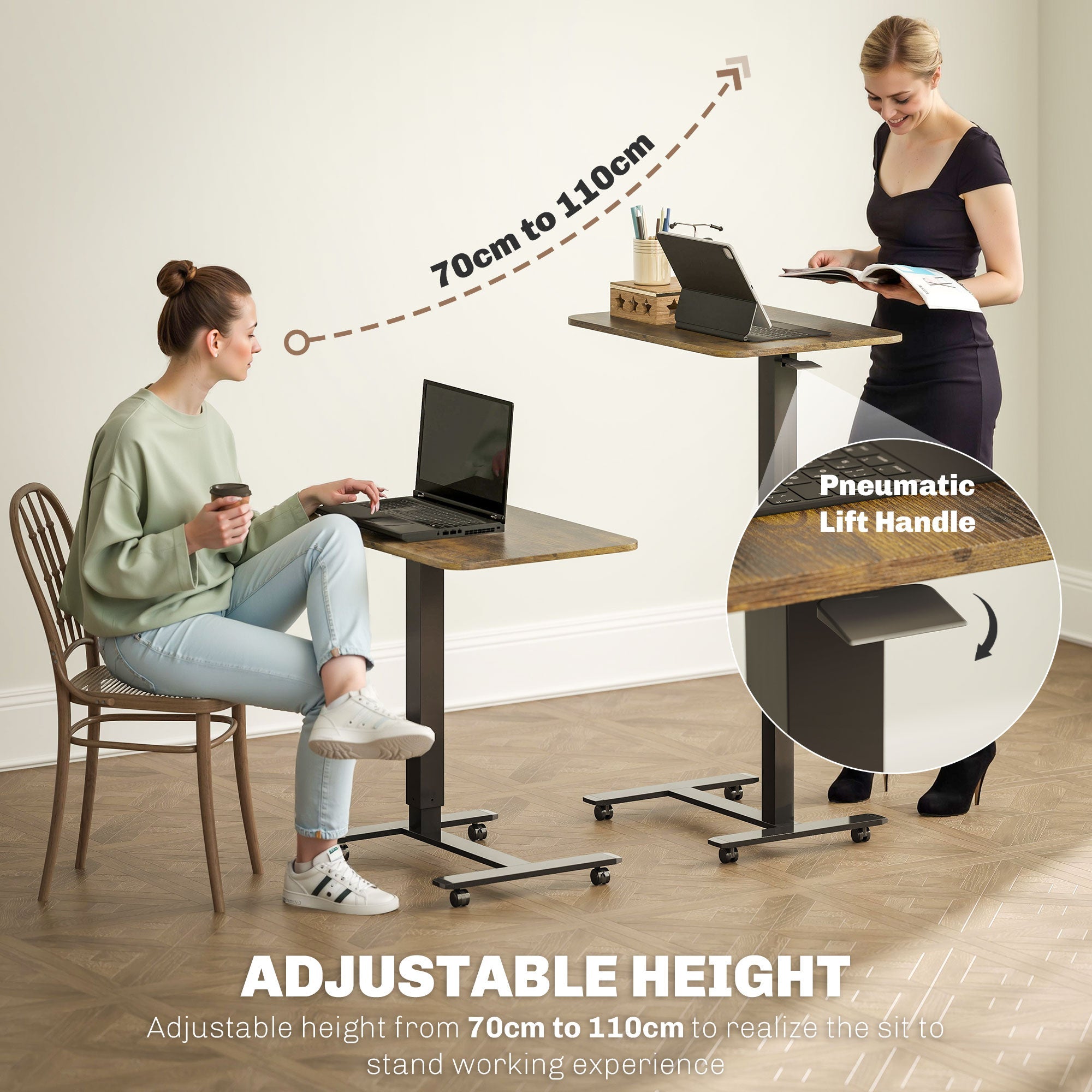 Emerson Pneumatic Mobile Standing Desk with Adjustable Height-Rustic Brown
