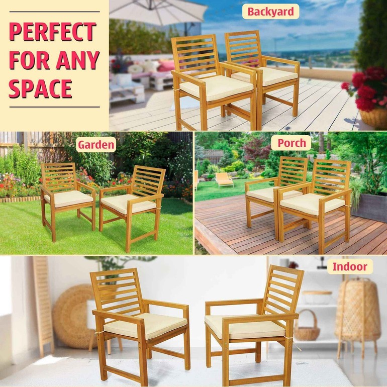 Tranquillo Solara Acacia Wood Outdoor Chairs Set of 2 with Cushions for Stylish Outdoor Seating