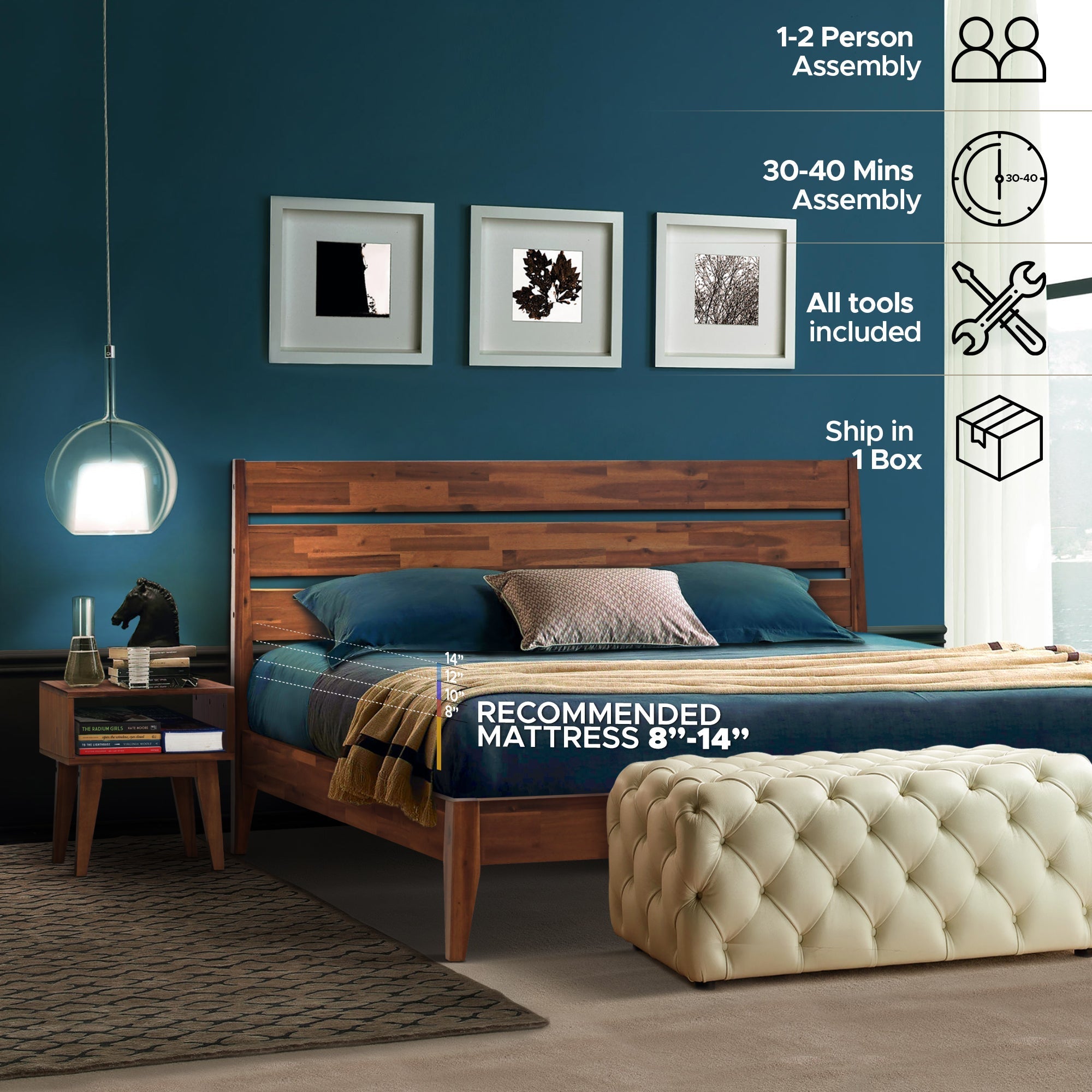 Emery Bed Frame & Nightstand Set - Acacia Solid Wood Bedroom Furniture