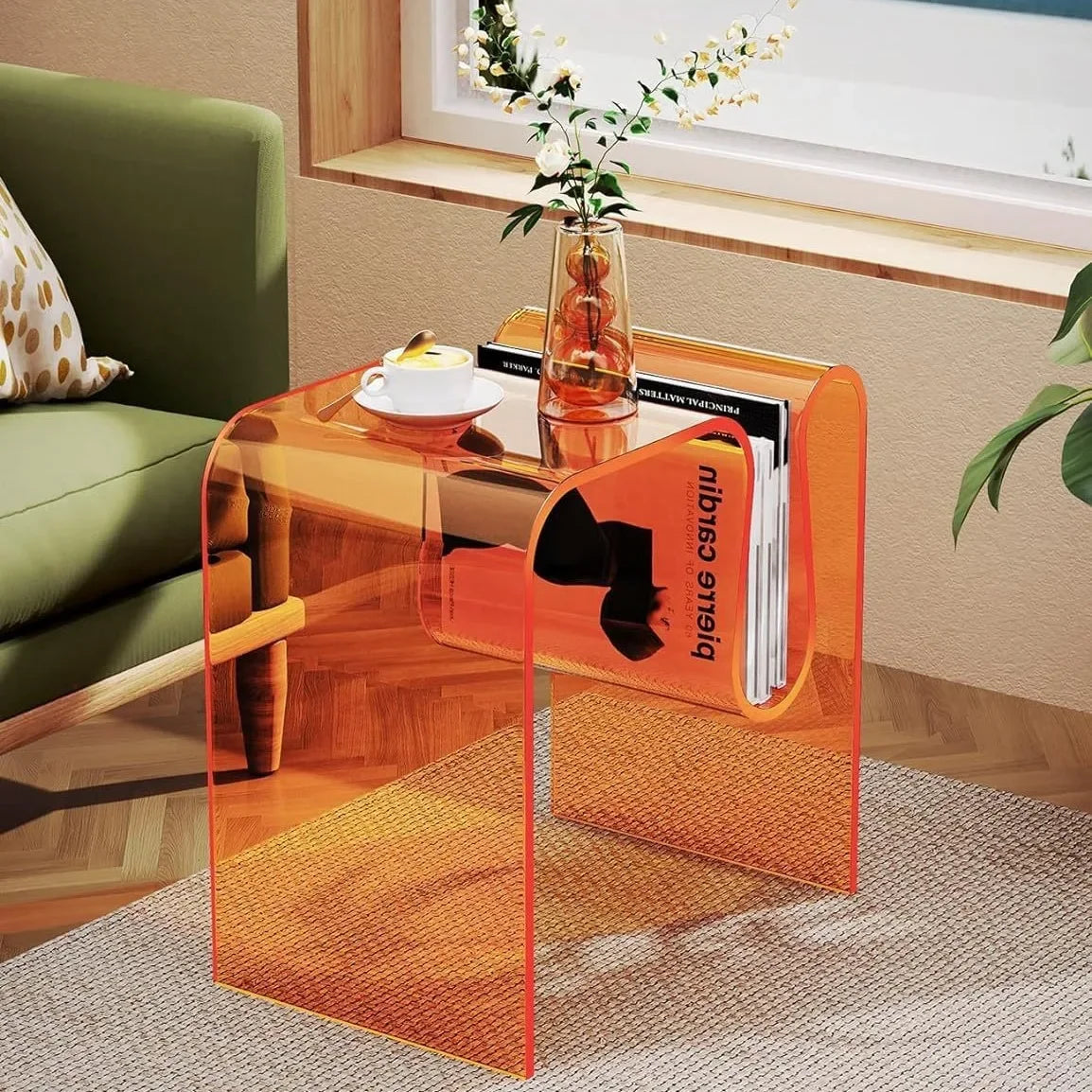 Acrylic Side Table with Magazine Holder