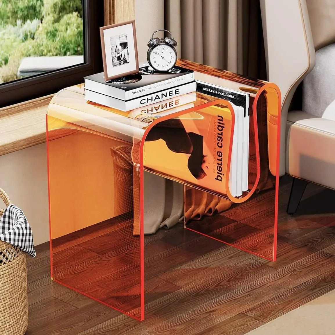 Acrylic Side Table with Magazine Holder