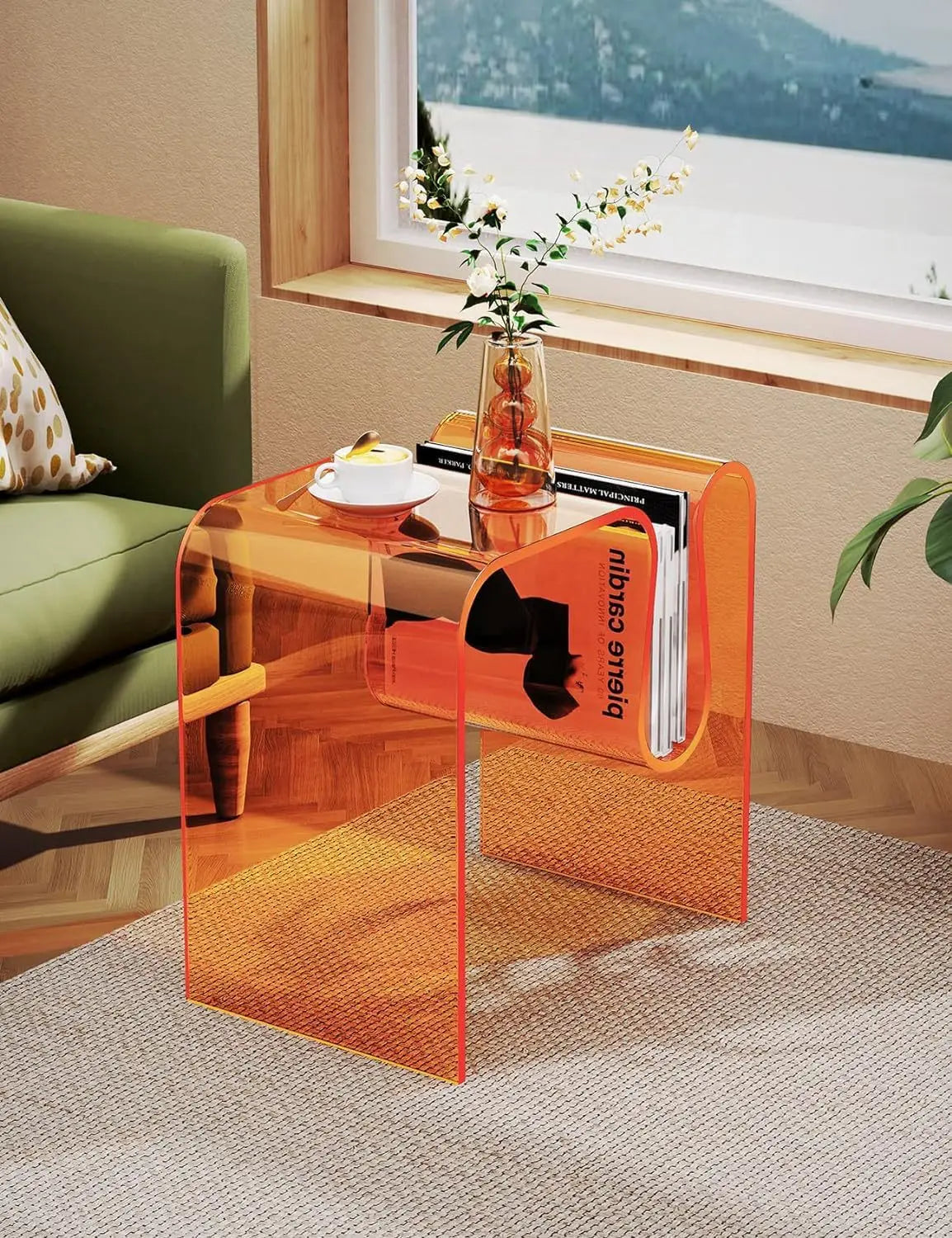 Acrylic Side Table with Magazine Holder