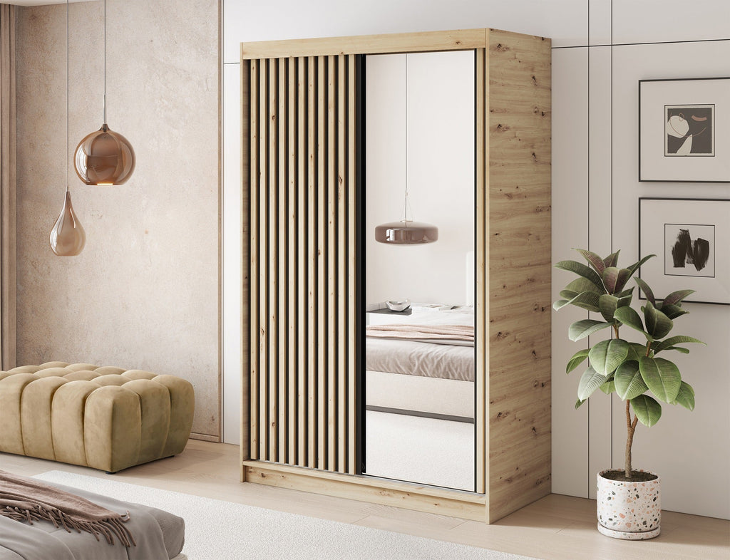 Emerio Mirrored 2 Sliding Door Freestanding Wardrobe - Maple Oak