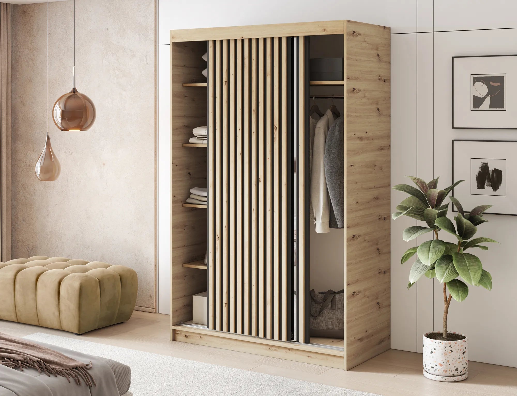 Emerio Mirrored 2 Sliding Door Freestanding Wardrobe - Maple Oak