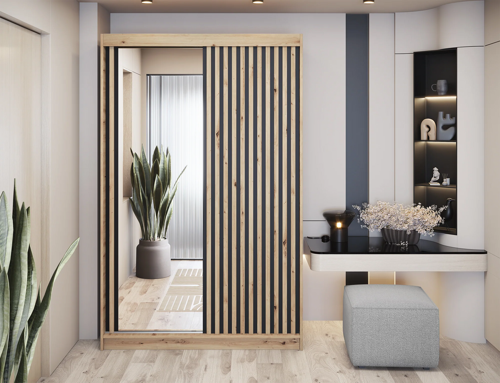 Emerio Mirrored 2 Sliding Door Freestanding Wardrobe - Maple Oak