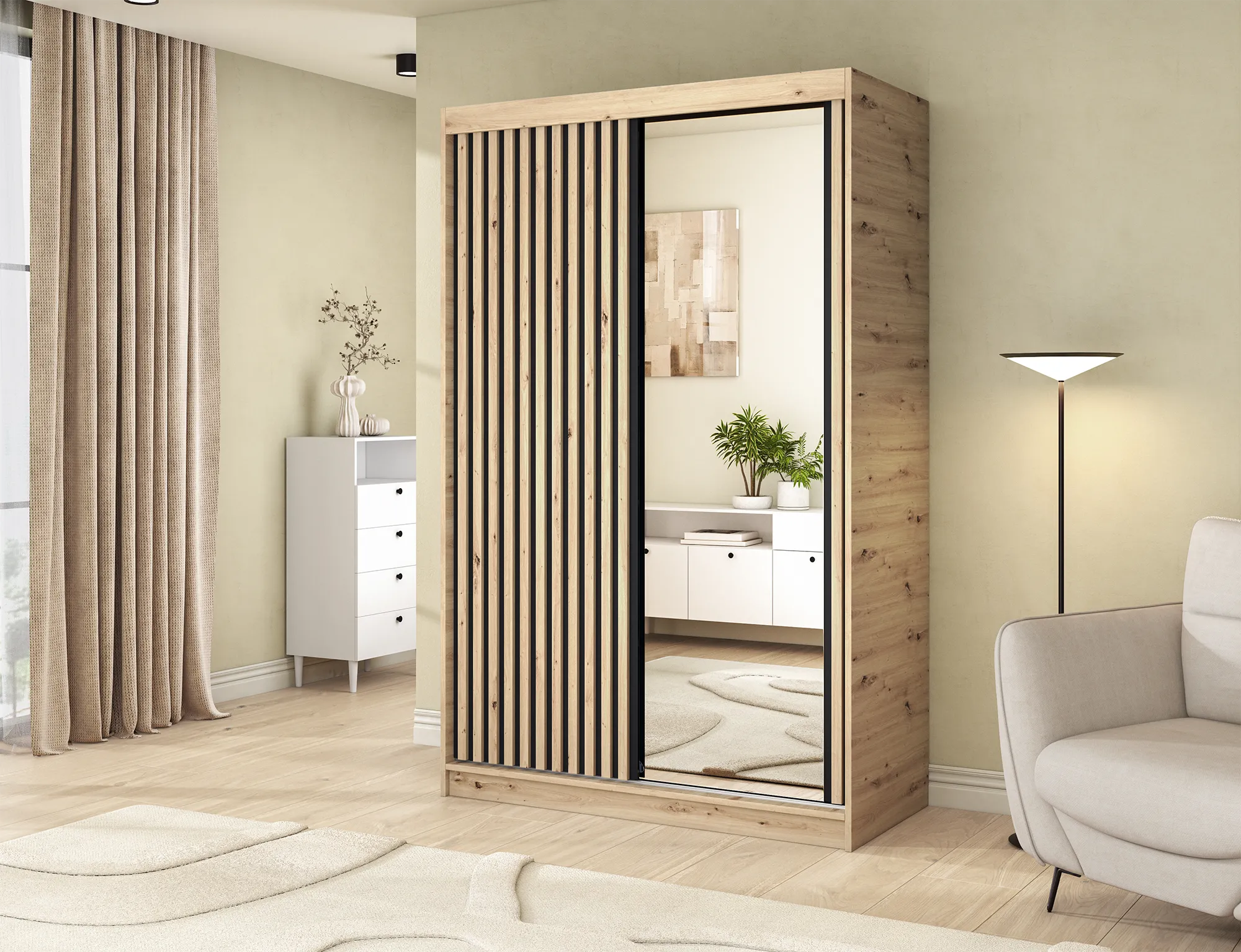 Emerio Mirrored 2 Sliding Door Freestanding Wardrobe - Maple Oak