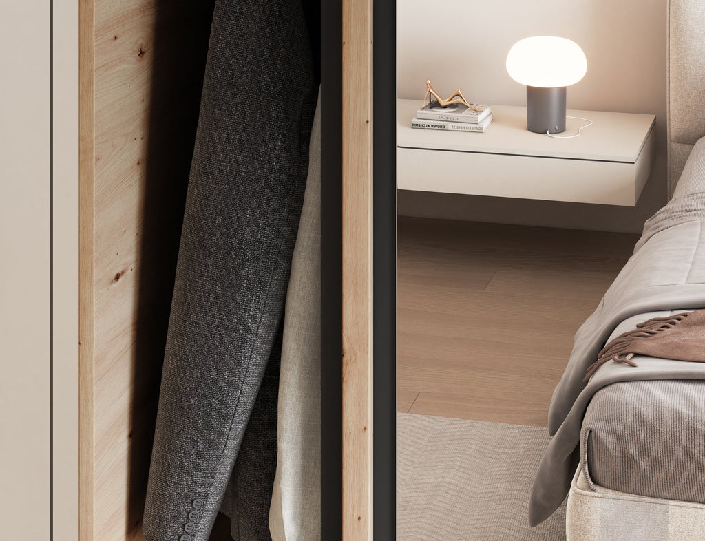 Emerio Mirrored 2 Sliding Door Freestanding Wardrobe - Maple Oak