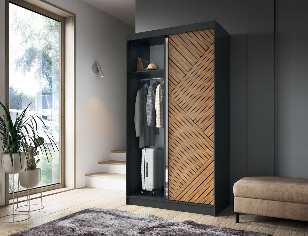 Marrphy Mirrored 2 Sliding Door Freestanding Wardrobe - Black/Oak Caramel
