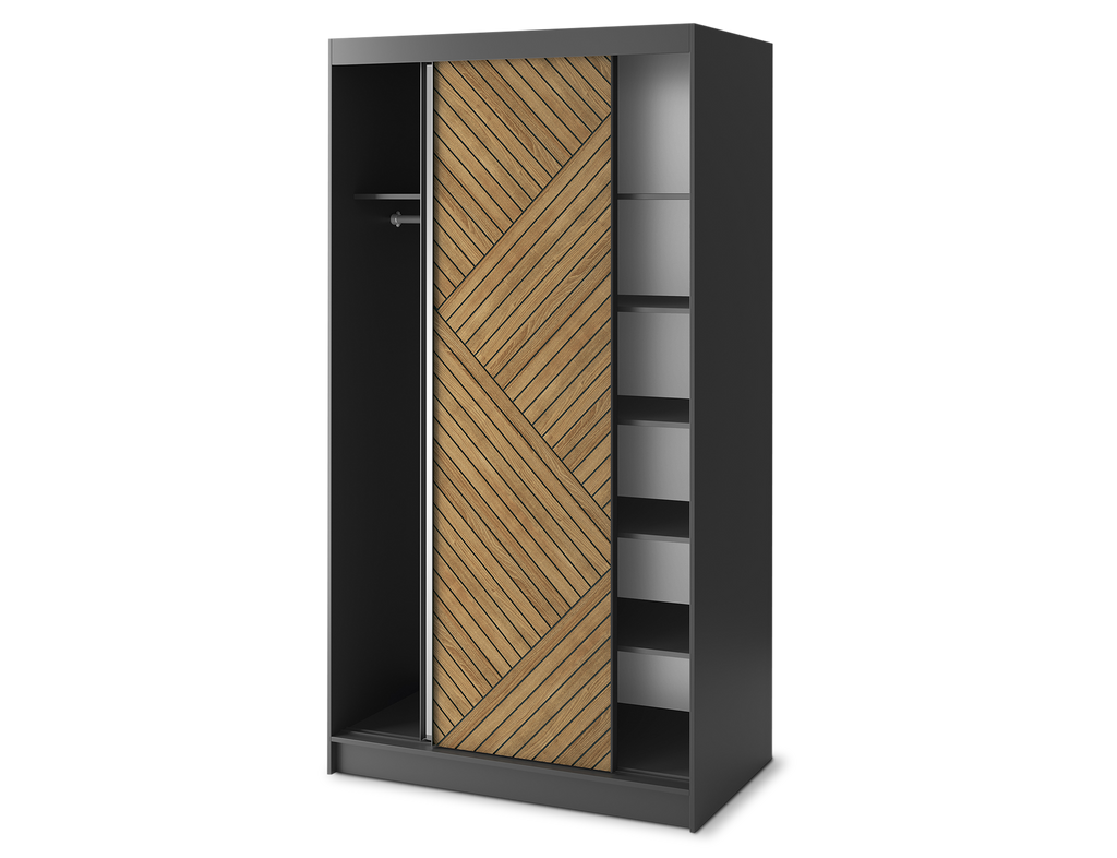 Marrphy Mirrored 2 Sliding Door Freestanding Wardrobe - Black/Oak Caramel