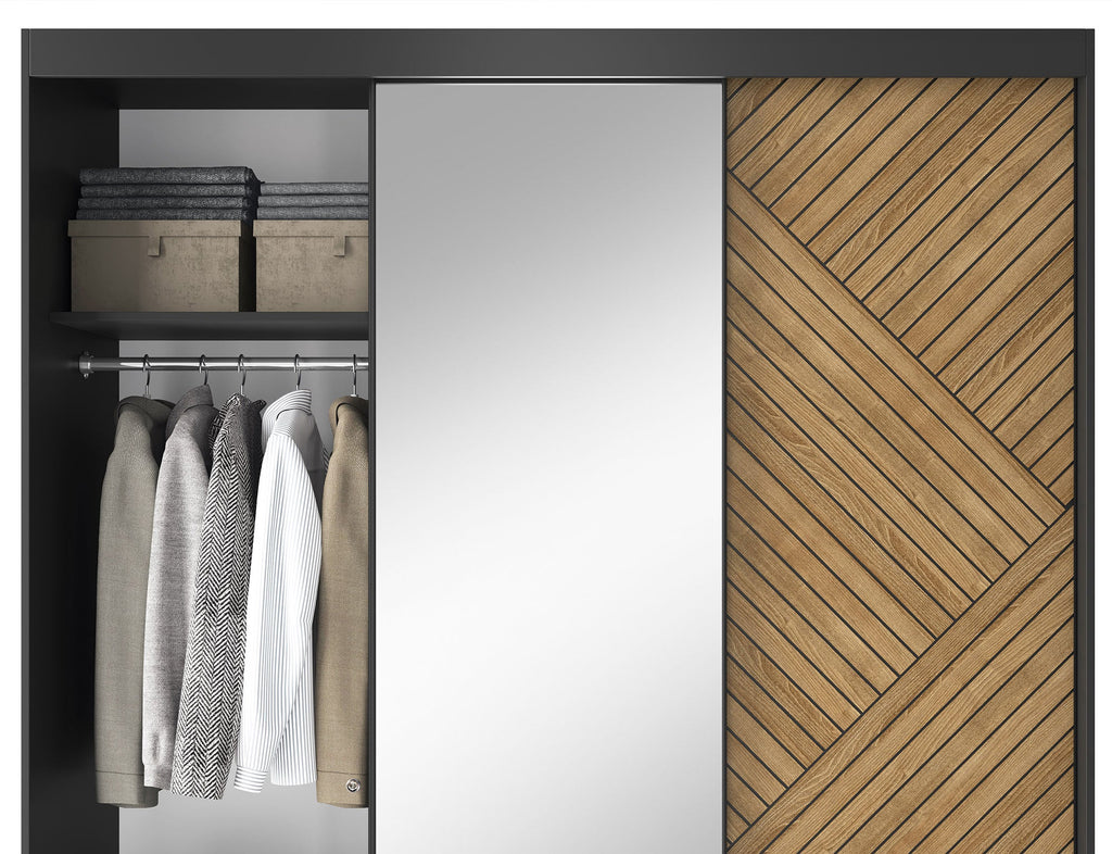 Marrphy Mirrored 3 Sliding Door Freestanding Wardrobe - Black/Oak Caramel