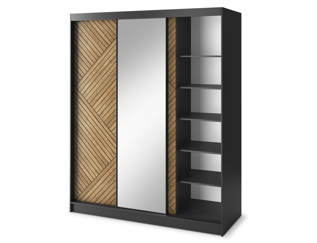 Marrphy Mirrored 3 Sliding Door Freestanding Wardrobe - Black/Oak Caramel