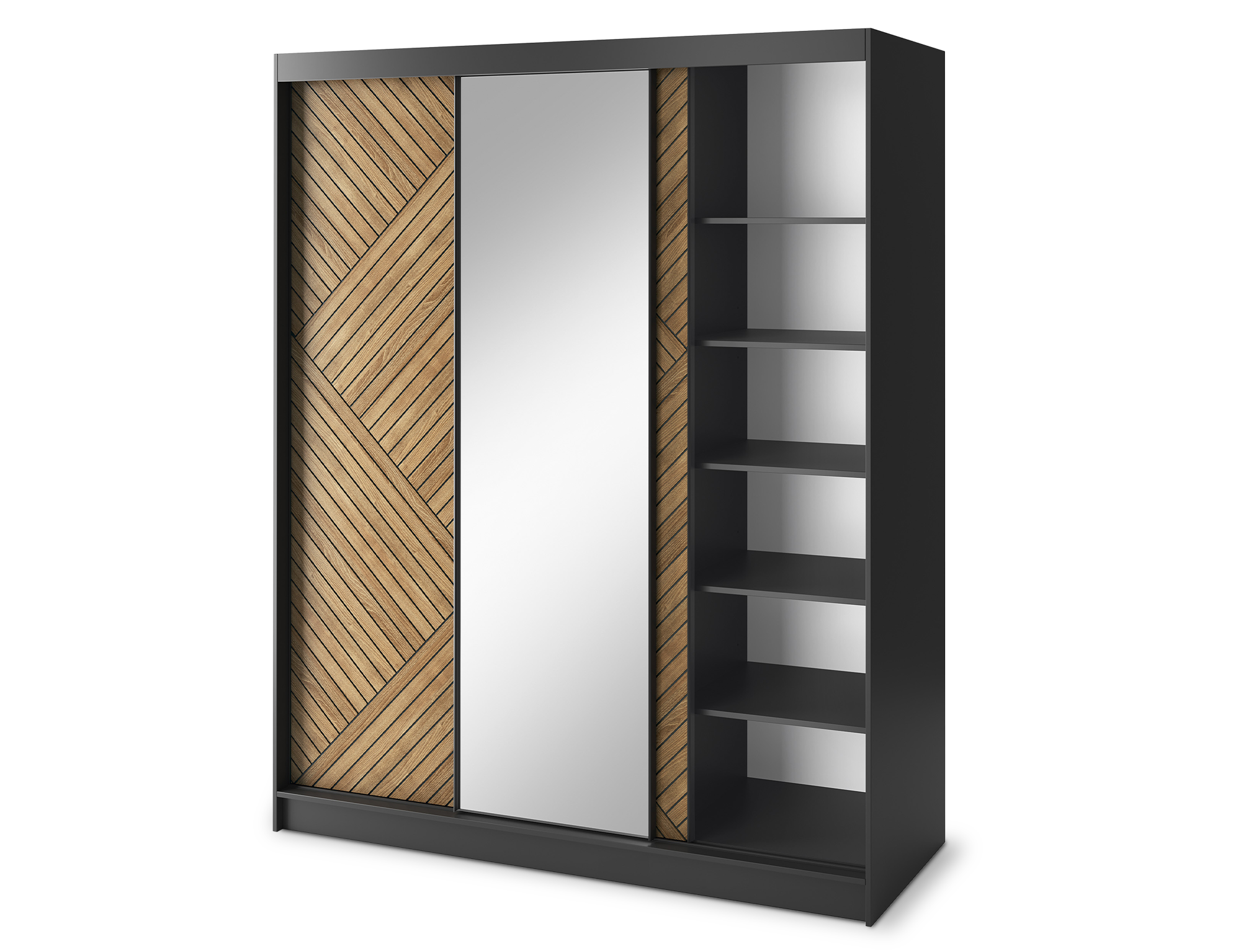 Marrphy Mirrored 3 Sliding Door Freestanding Wardrobe - Black/Oak Caramel