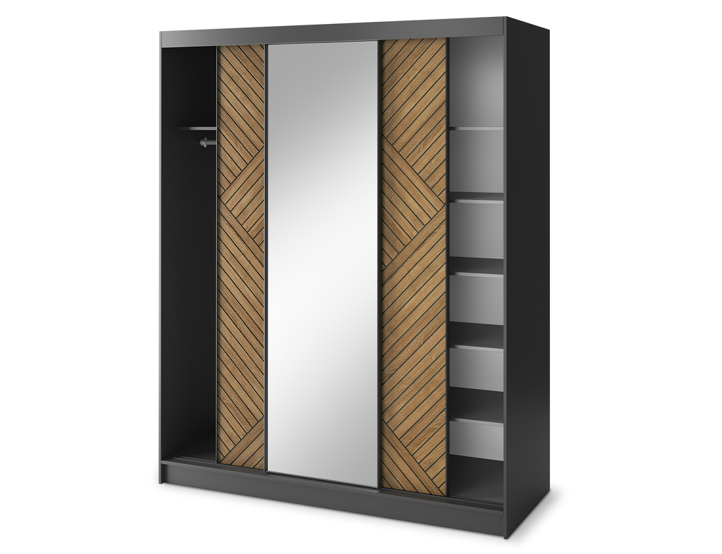 Marrphy Mirrored 3 Sliding Door Freestanding Wardrobe - Black/Oak Caramel