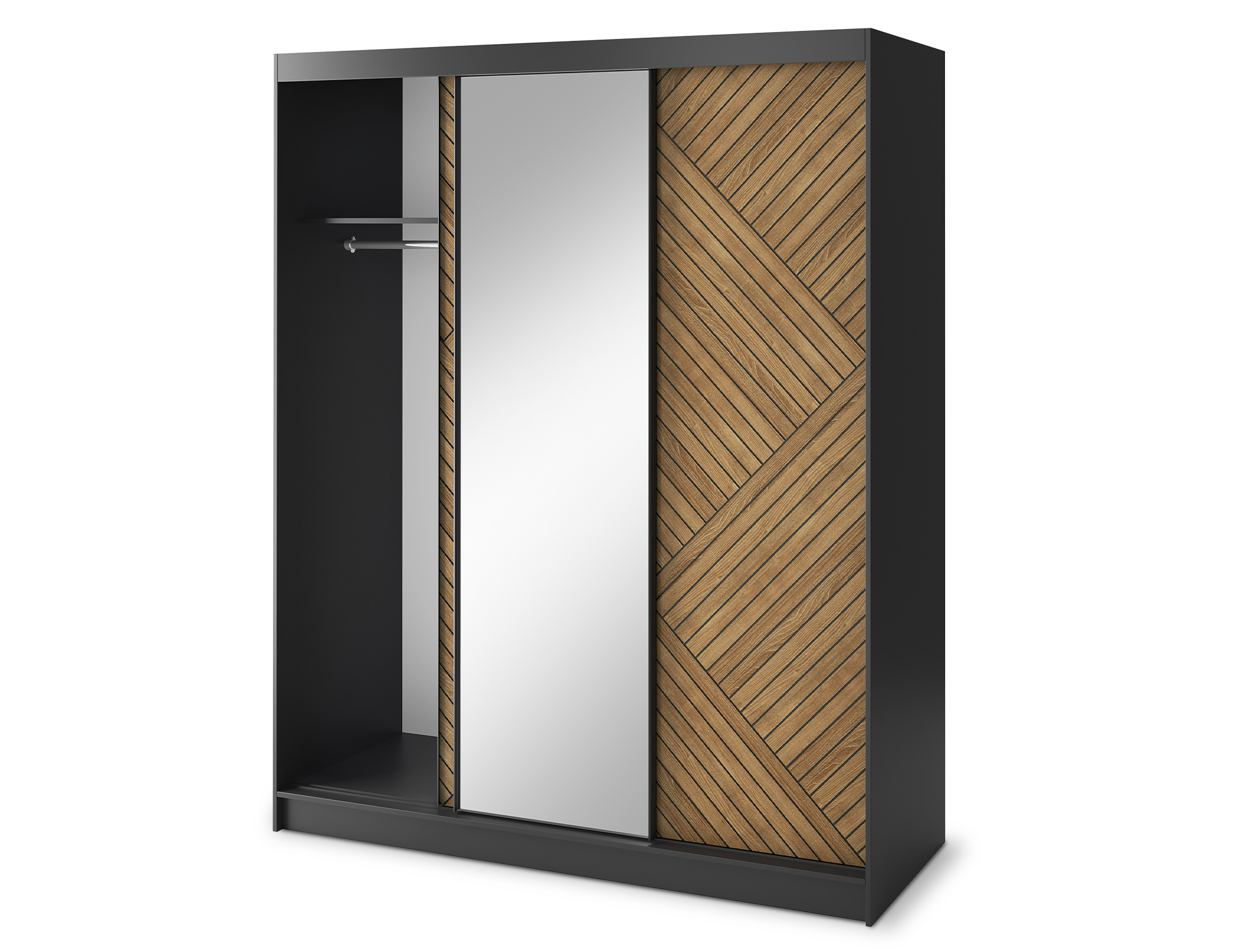 Marrphy Mirrored 3 Sliding Door Freestanding Wardrobe - Black/Oak Caramel