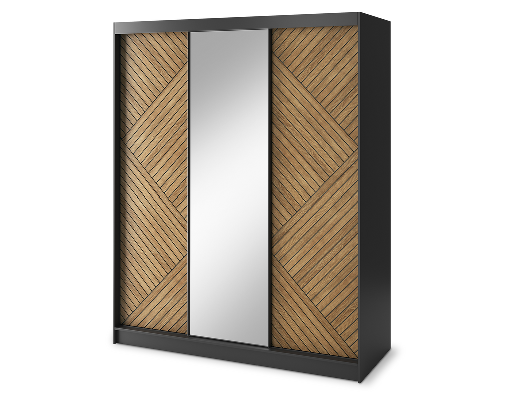 Marrphy Mirrored 3 Sliding Door Freestanding Wardrobe - Black/Oak Caramel