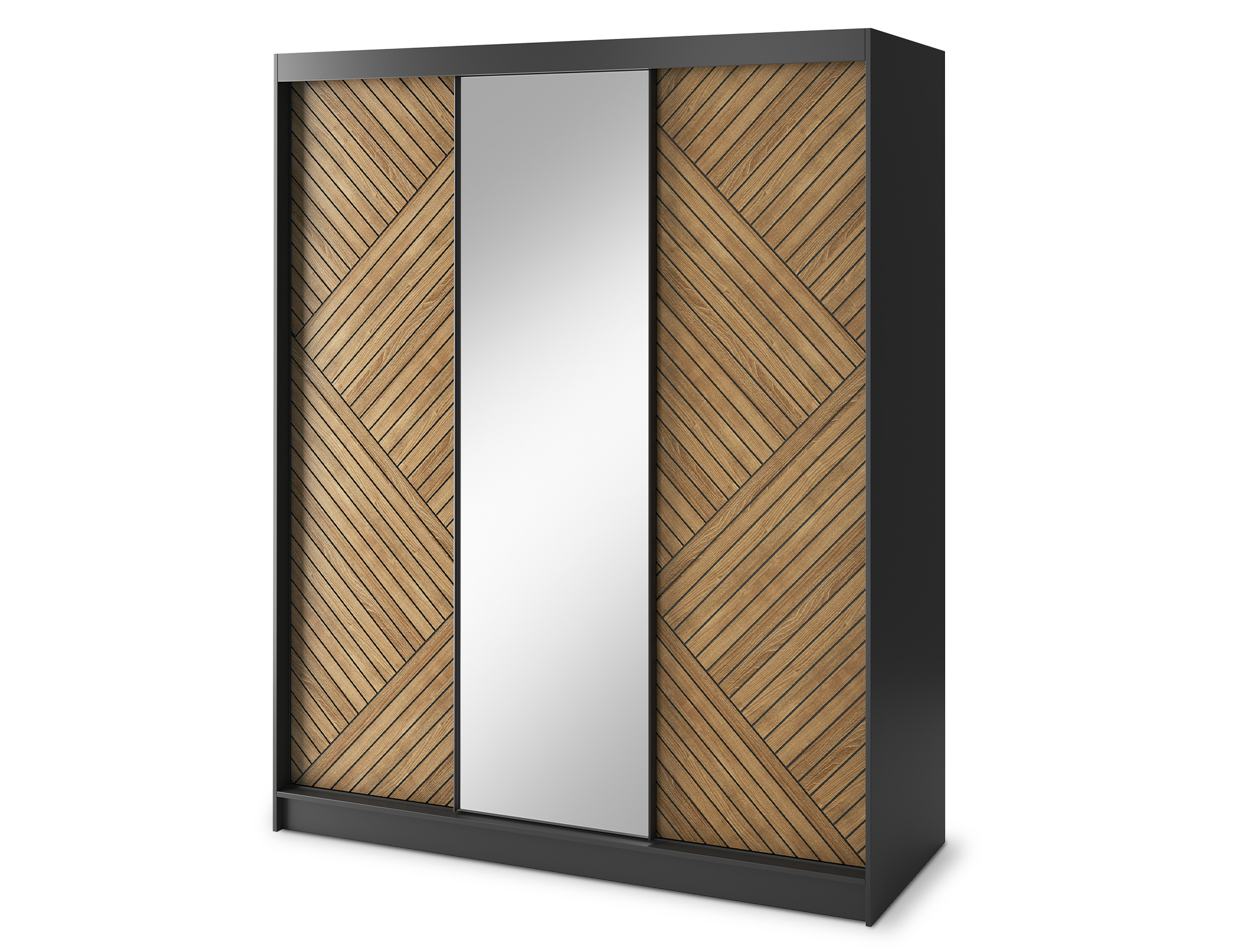 Marrphy Mirrored 3 Sliding Door Freestanding Wardrobe - Black/Oak Caramel