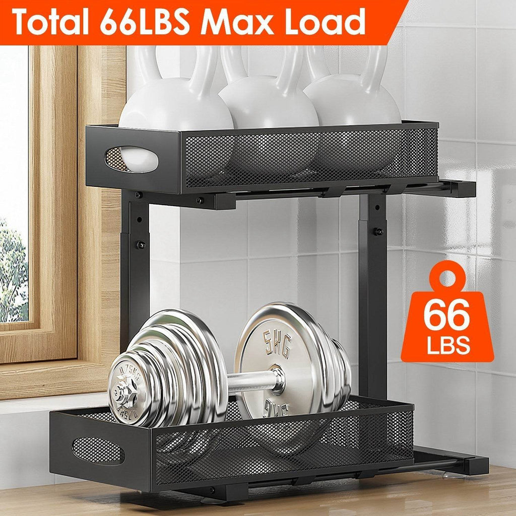 2Pcs Under Sink Organizer 2 Tier Pull Out Cabinet Baskets Storage Shelf Sliding Storage Drawers Rack With 5 Adjustable Height Mesh Baskets For Home Kitchen Bathroom Office