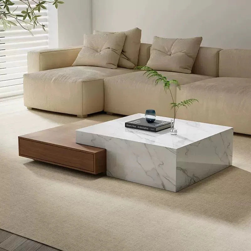 BT66 Coffee Table with Stone Veneer & Wood Drawers