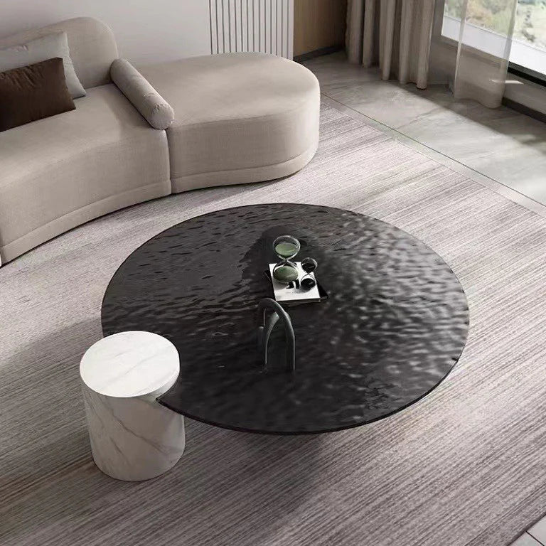 BT51 Mesa de centro de cristal ondulado con elegante base de mármol