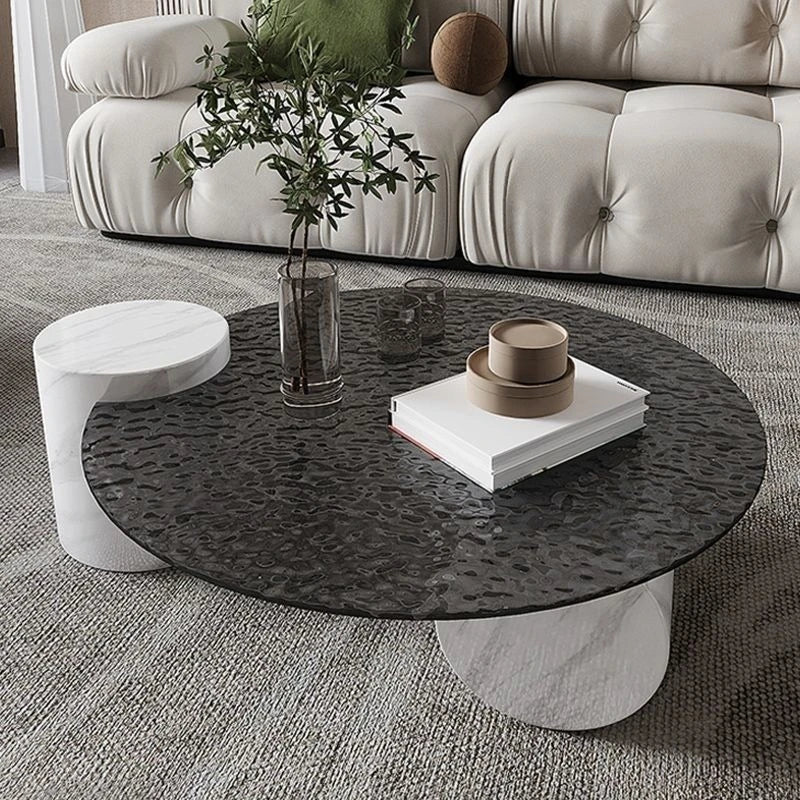 BT51 Mesa de centro de cristal ondulado con elegante base de mármol